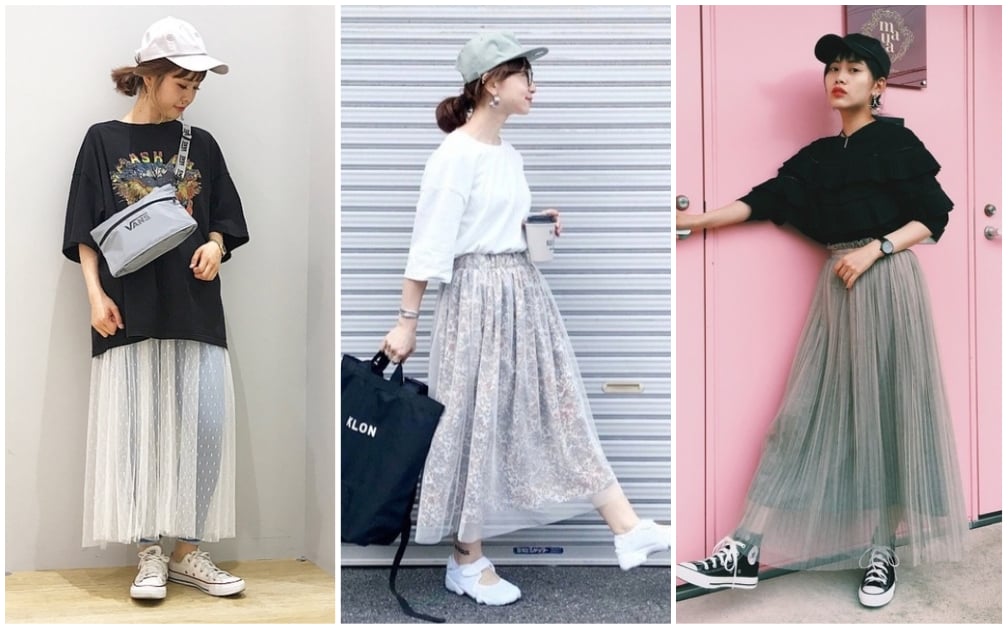 日本女生的「不甜美」穿法，快試試紗裙＋棒球帽的休閒組合 